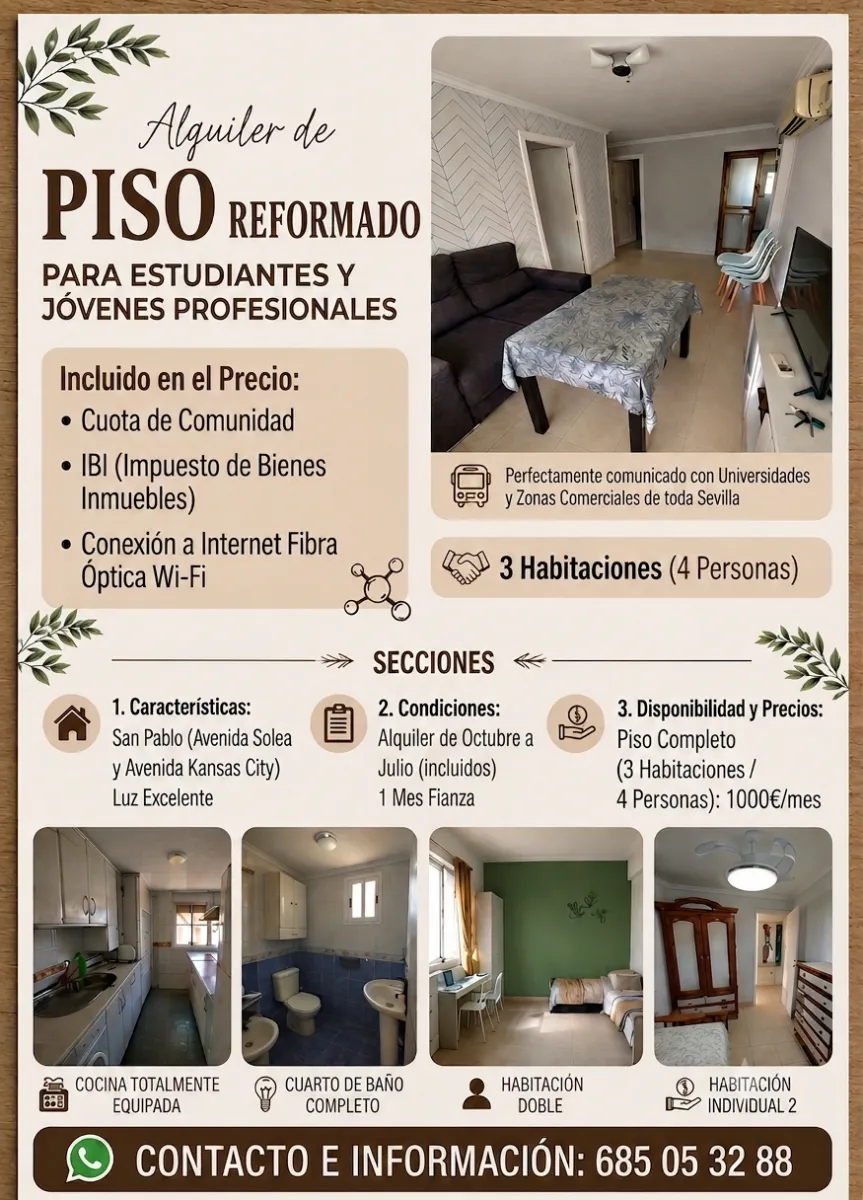 Habitación para estudiantes en Sevilla - PISO SAN PABLO REFORMADO Y BIEN COMUNICADO (4 personas)